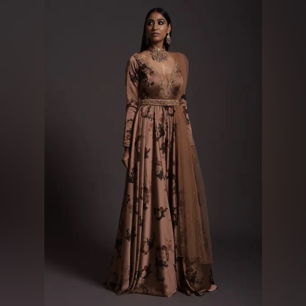 Copper Peach Anarkali Suit In Milano With Floral Print